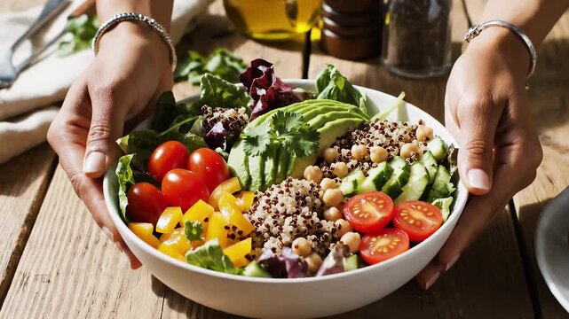 Hands presenting vegetable-based healthy dish, clean eating concept