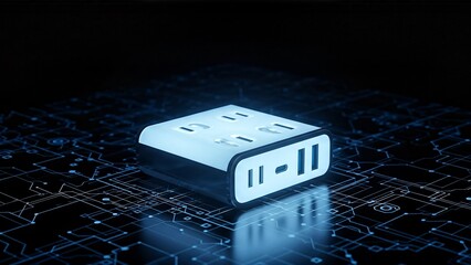 Futuristic Power Adapter Hub on a Glowing Circuit Board.