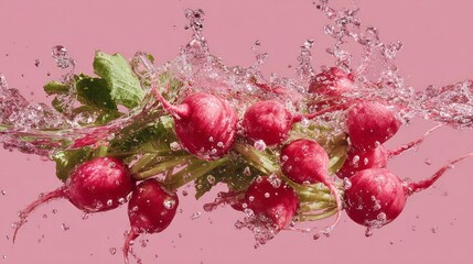 Fresh red radishes splashing and floating in clear water with vibrant pink background, capturing dynamic motion, crisp textures, and colorful food photography for healthy culinary presentations