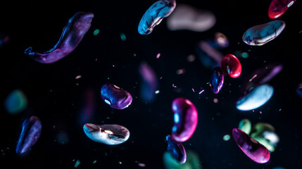 Colorful bean varieties exploding like fireworks against starry backdrop, bursting into glowing life-energy particles.