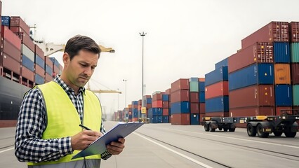 Logistics supervisor checking clipboard in front of stacked containers that are not moving, global shipping delay and supply chain crisis concept, realistic port environment, no text,supervisor, conta