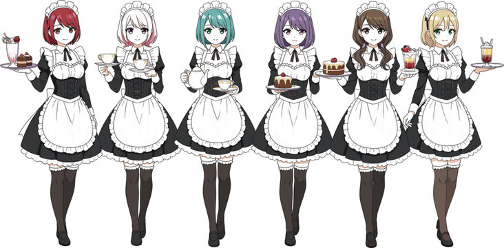 Set of cute anime style maid characters in traditional black and white frilly uniforms serving various desserts coffee and tea on trays.