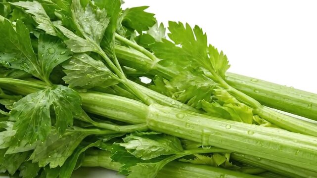 A vibrant and fresh bunch of green celery is showcased with enticing water droplets, emphasizing its crisp texture and natural appeal. The camera captures close-up details of the succulent stalks and 