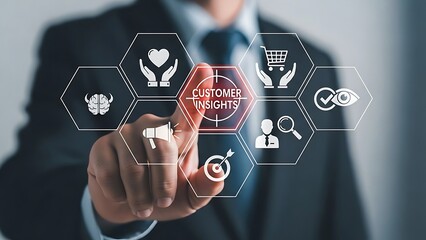 Businessman touching screen with customer insights icons and data analysis technology marketing