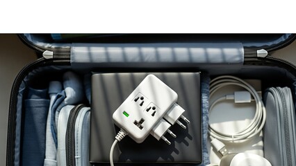 Universal Travel Adapter and Electronics Neatly Packed in Luggage.