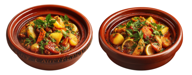 Set of Wooden bowl filled with fluffy couscous, roasted zucchini, peppers, carrots, and herbs on white transparent background