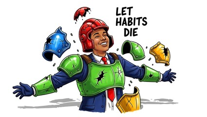 Businessman in armor with falling pieces and motivational phrase let habits die