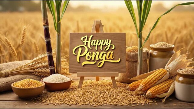Festive greeting video animation showing happy pongal text on easel with traditional harvest crops like sugarcane rice corn wheat and overflowing clay pot for makar sankranti celebration