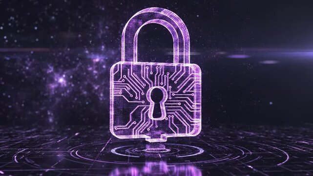 A neon purple padlock with swirling energy around it, on a dark background with a grid pattern