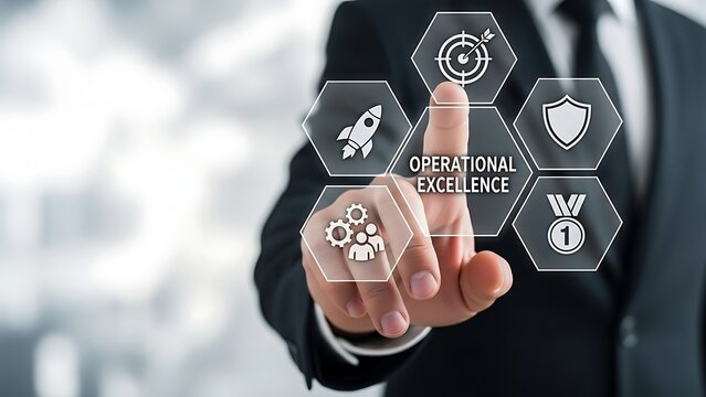Businessman touching screen with icons for operational excellence and success hand finger