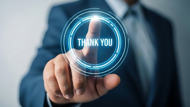 Businessman's finger touches glowing blue circle with thank you text touching pressing - Powered by Adobe
