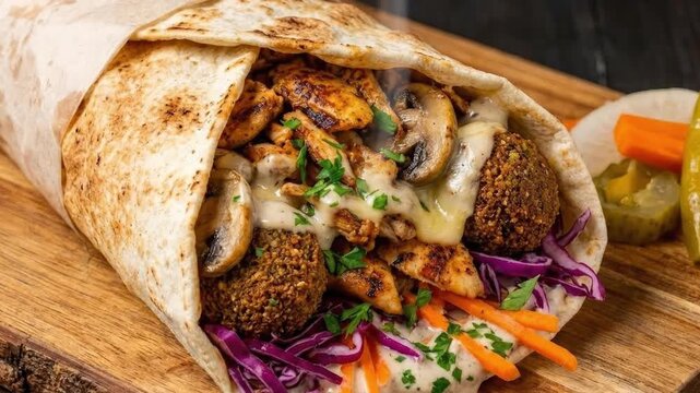 A vibrant and mouth-watering close-up showcases a generously filled wrap, brimming with succulent grilled meat, crispy falafel, tender saut&eacute;ed mushrooms, and fresh, colorful vegetables like shredded p
