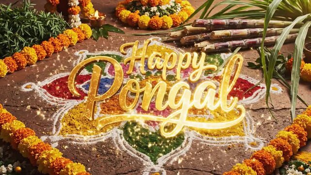 Happy pongal gold text animation with colorful rangoli kolam marigold flowers and sugarcane for south indian harvest festival makar sankranti celebration greeting card video