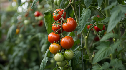 Fototapeta premium Vibrant Tomato Plant with Ripe and Unripe Tomatoes