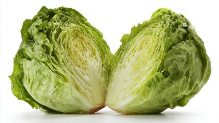 Fototapeta premium Fresh green lettuce cut in half isolated on white background, showcasing crisp leafy texture, healthy raw vegetable ingredient, natural food preparation concept, clean minimal studio composition