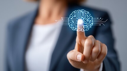 Businesswoman Touching Digital Brain with Circuit Patterns for Innovation
