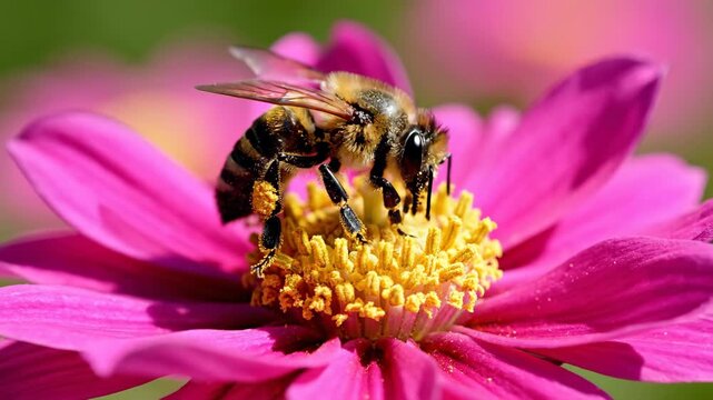 A dynamic isolated macro shot showing a fuzzy carpenter bee gracefully landing onto the bright yellow stamen of a deeply saturated pink flower bloom background, movement, bloom