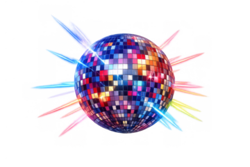Disco ball projecting colorful light rays for party, celebration, and music entertainment, transparent background
