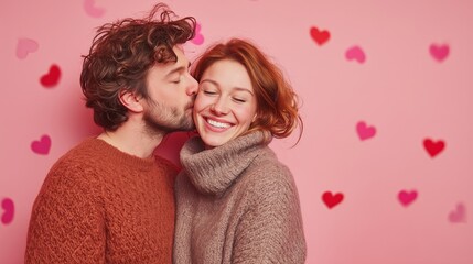 Happy couple kissing on cheek against a pink background with hearts with copy space