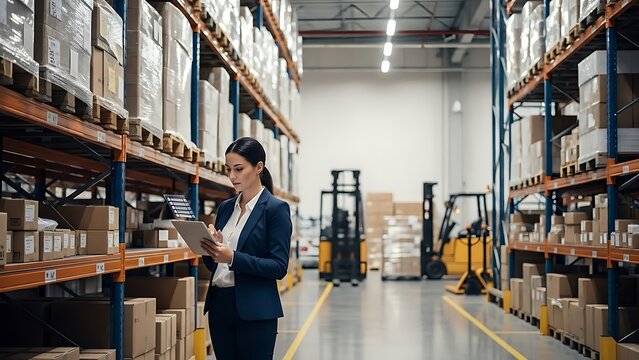 Businesswoman reviewing checklist in front of organized warehouse shelves, concept of supply chain optimization, efficiency improvement and operational resilience, realistic industrial environment