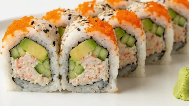 A vibrant array of freshly prepared sushi rolls is elegantly presented on a pristine white plate, showcasing a delightful culinary experience. Each artfully crafted roll features fluffy white rice enc