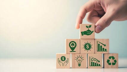 Hand placing wooden block with green seedling icon on stacked blocks with eco symbols eco friendly sustainability