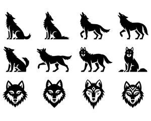 Collection of twelve black wolf and silhouettes on white background wolves animal © Elite Graphics Takal