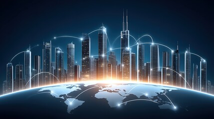 Futuristic City Skyline with Connected World and Digital Networks