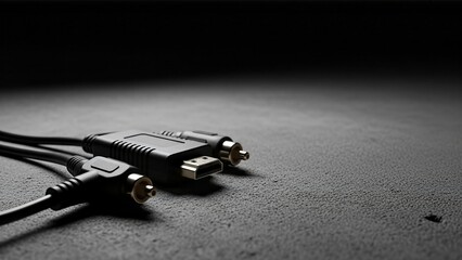 Black audio and video cables with connectors on a dark textured background.