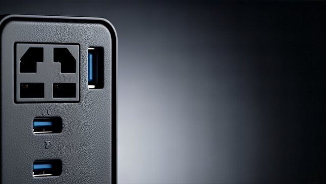 Modern black power adapter with multiple USB C and A charging ports on a dark background.