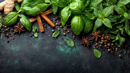 Fresh basil mint and various spices are arranged on a dark surface. Ginger and cinnamon sticks are included in the collection of herbs and spices.