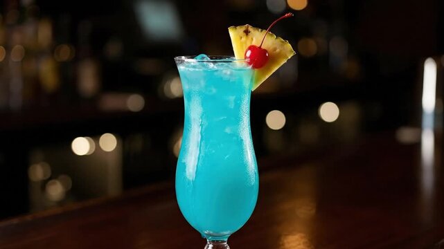 A vibrant blue cocktail, chilled with ice and featuring enticing condensation, stands elegantly on a polished wooden bar surface. It's garnished beautifully with a fresh pineapple wedge and a bright r