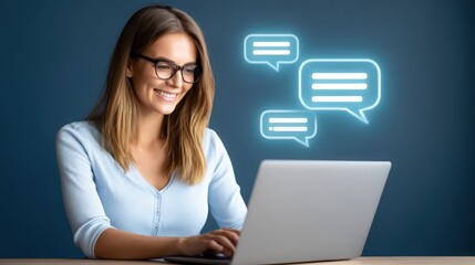 Smiling Woman Engaged in Online Chat with Laptop and Speech Bubbles