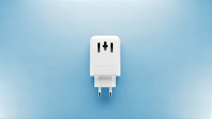White universal travel power adapter on a solid blue background.
