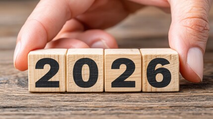 Wooden Blocks Showing Year 2026 with Hand on Rustic Table
