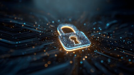 A digital padlock icon glowing at the center of a futuristic interface with flowing data lines and circuit patterns symbolizing strong cybersecurity protection