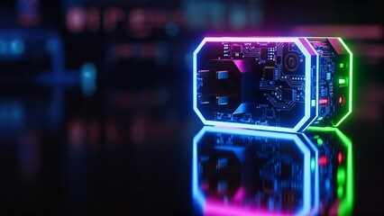 Futuristic Glowing Computer Hardware Component with Neon Lights.