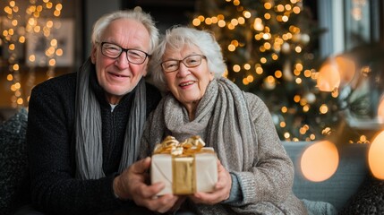 Happy senior couple holding a wrapped gift, celebrating christmas with festive lights