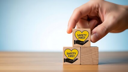 Hand stacking wooden blocks with safety first symbol and heart image