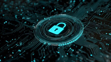 A digital padlock icon glowing at the center of a futuristic interface with flowing data lines and circuit patterns symbolizing strong cybersecurity protection 