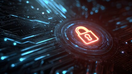 A digital padlock icon glowing at the center of a futuristic interface with flowing data lines and circuit patterns symbolizing strong cybersecurity protection 