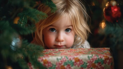 A young child is looking out from the branches of a Christmas tree. The child is next to a colorful wrapped gift. The setting is warm and joyful during the holiday season.
