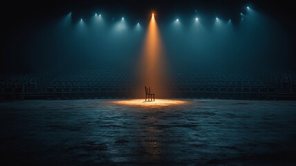 A single chair illuminated by a spotlight on an empty theater stage.