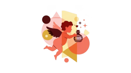 A stylized Cupid with wings holding a love potion bottle amidst abstract geometric shapes in warm colors.