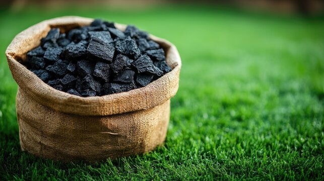 Large heavy paper bag filled with biochar on a grassy field, representing eco-friendly packaging and sustainable agriculture