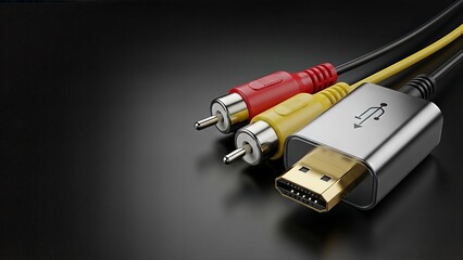 Modern HDMI Cable and Analog RCA Connectors on a Dark Surface.
