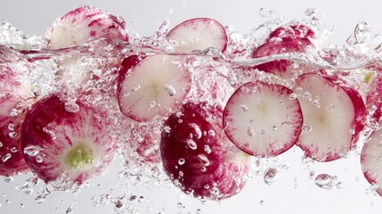 Fresh sliced radishes splashing and floating in clear water on a clean white background, capturing crisp textures, vibrant color contrast, and dynamic motion for healthy food photography and culinary 