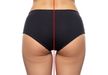 Rear view female buttocks in dark briefs on white background, red line dividing cellulite before and after smooth skin, ample copy space, concept of skin improvement and cellulite treatment efficacy
