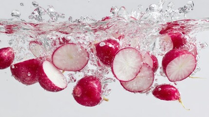 Fresh sliced radishes splashing and floating in clear water on a clean white background, capturing crisp textures, vibrant color contrast, and dynamic motion for healthy food photography and culinary 