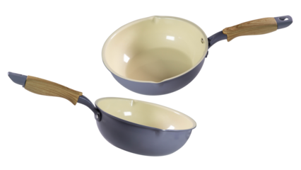 Two ceramic saucepans with cream interiors, gray exteriors, and wood-look handles on a white background.